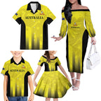 Custom Australia Cricket Family Matching Off The Shoulder Long Sleeve Dress and Hawaiian Shirt 2024 World Cup Go Aussie - Gold Version