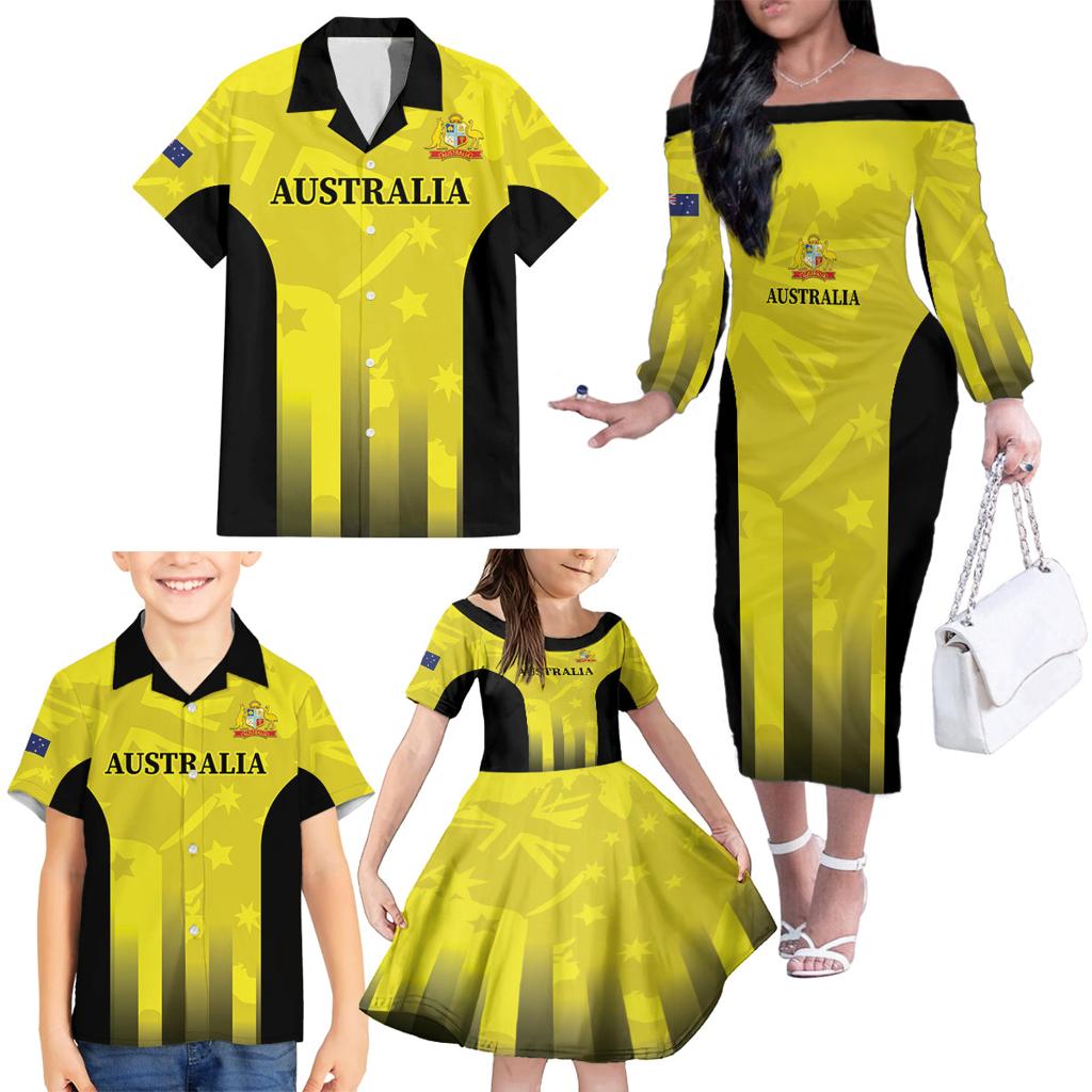 Custom Australia Cricket Family Matching Off The Shoulder Long Sleeve Dress and Hawaiian Shirt 2024 World Cup Go Aussie - Gold Version