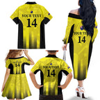 Custom Australia Cricket Family Matching Off The Shoulder Long Sleeve Dress and Hawaiian Shirt 2024 World Cup Go Aussie - Gold Version