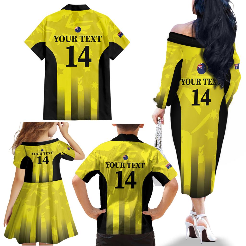 Custom Australia Cricket Family Matching Off The Shoulder Long Sleeve Dress and Hawaiian Shirt 2024 World Cup Go Aussie - Gold Version