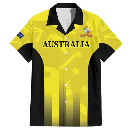Custom Australia Cricket Family Matching Off The Shoulder Long Sleeve Dress and Hawaiian Shirt 2024 World Cup Go Aussie - Gold Version