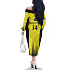 Custom Australia Cricket Family Matching Off The Shoulder Long Sleeve Dress and Hawaiian Shirt 2024 World Cup Go Aussie - Gold Version