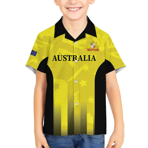 Custom Australia Cricket Family Matching Off The Shoulder Long Sleeve Dress and Hawaiian Shirt 2024 World Cup Go Aussie - Gold Version