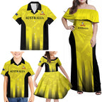 Custom Australia Cricket Family Matching Off Shoulder Maxi Dress and Hawaiian Shirt 2024 World Cup Go Aussie - Gold Version