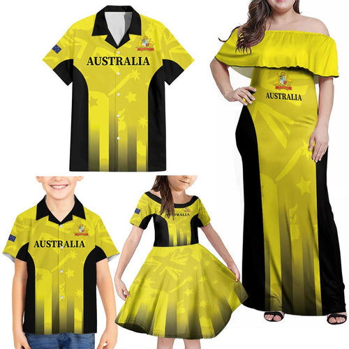 Custom Australia Cricket Family Matching Off Shoulder Maxi Dress and Hawaiian Shirt 2024 World Cup Go Aussie - Gold Version