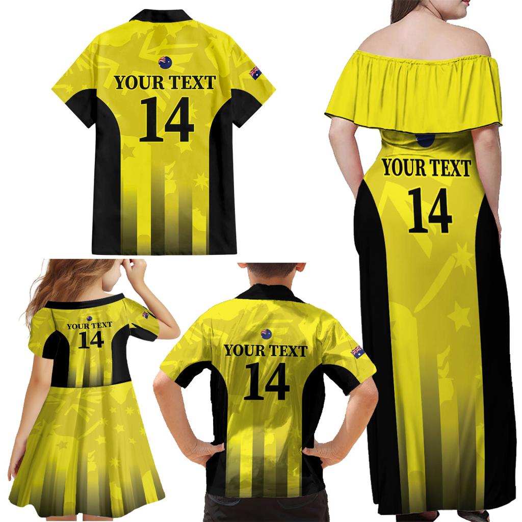 Custom Australia Cricket Family Matching Off Shoulder Maxi Dress and Hawaiian Shirt 2024 World Cup Go Aussie - Gold Version