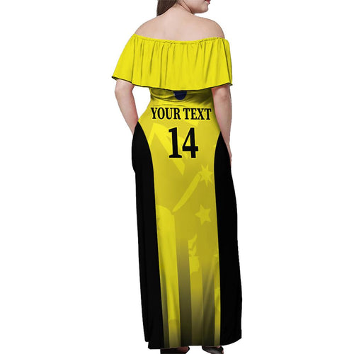 Custom Australia Cricket Family Matching Off Shoulder Maxi Dress and Hawaiian Shirt 2024 World Cup Go Aussie - Gold Version