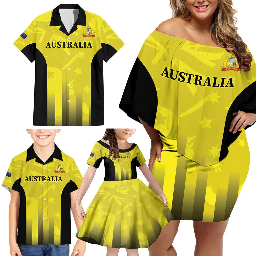 Custom Australia Cricket Family Matching Off Shoulder Short Dress and Hawaiian Shirt 2024 World Cup Go Aussie - Gold Version