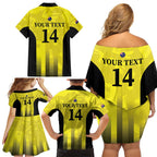 Custom Australia Cricket Family Matching Off Shoulder Short Dress and Hawaiian Shirt 2024 World Cup Go Aussie - Gold Version