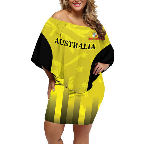 Custom Australia Cricket Family Matching Off Shoulder Short Dress and Hawaiian Shirt 2024 World Cup Go Aussie - Gold Version