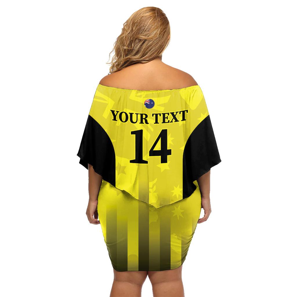 Custom Australia Cricket Family Matching Off Shoulder Short Dress and Hawaiian Shirt 2024 World Cup Go Aussie - Gold Version