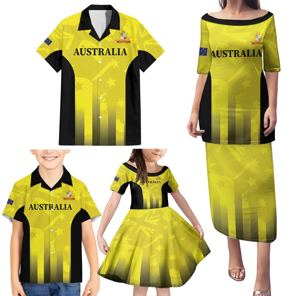 Custom Australia Cricket Family Matching Puletasi and Hawaiian Shirt 2024 World Cup Go Aussie - Gold Version