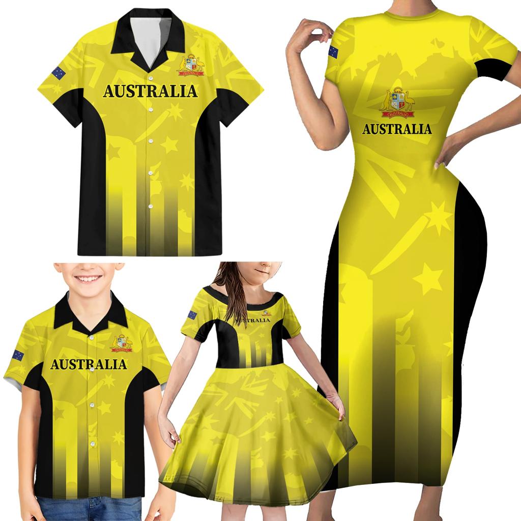 Custom Australia Cricket Family Matching Short Sleeve Bodycon Dress and Hawaiian Shirt 2024 World Cup Go Aussie - Gold Version