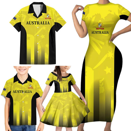 Custom Australia Cricket Family Matching Short Sleeve Bodycon Dress and Hawaiian Shirt 2024 World Cup Go Aussie - Gold Version