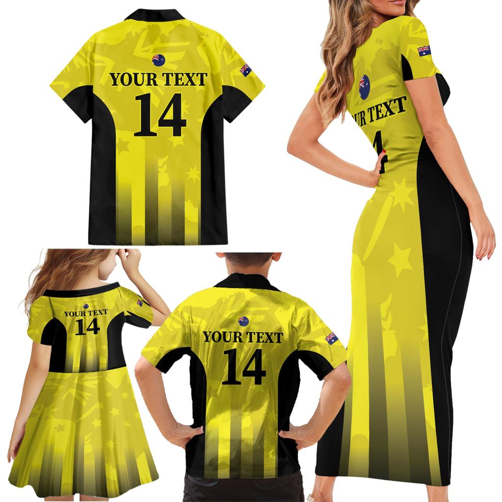 Custom Australia Cricket Family Matching Short Sleeve Bodycon Dress and Hawaiian Shirt 2024 World Cup Go Aussie - Gold Version