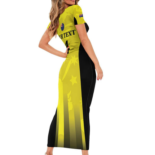Custom Australia Cricket Family Matching Short Sleeve Bodycon Dress and Hawaiian Shirt 2024 World Cup Go Aussie - Gold Version