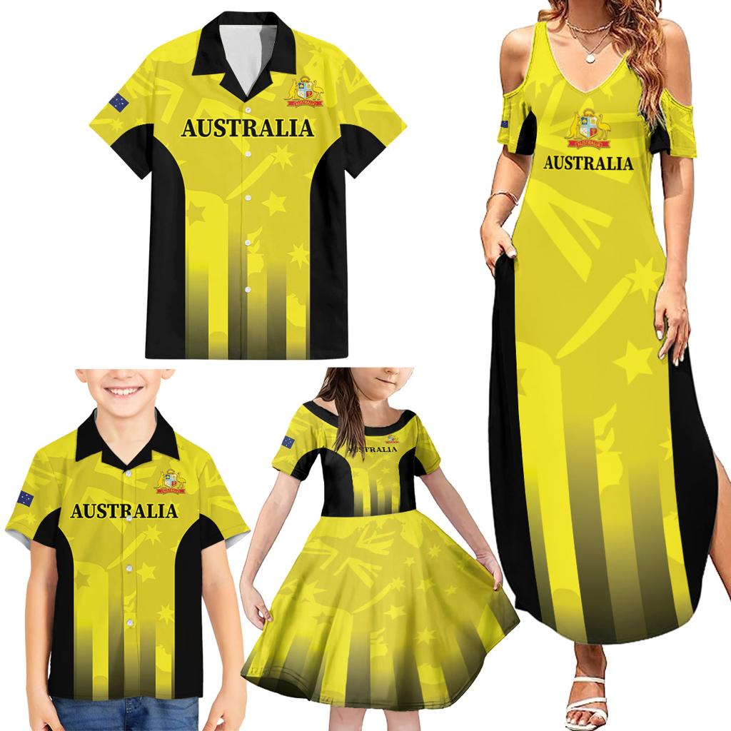 Custom Australia Cricket Family Matching Summer Maxi Dress and Hawaiian Shirt 2024 World Cup Go Aussie - Gold Version