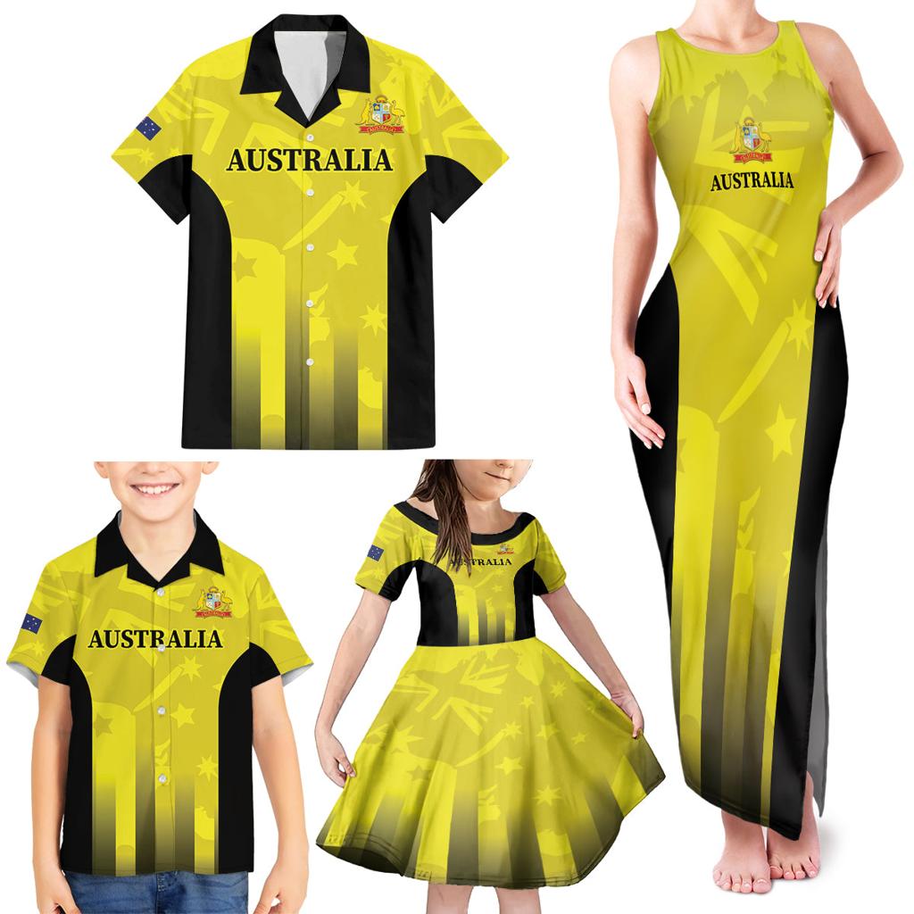 Custom Australia Cricket Family Matching Tank Maxi Dress and Hawaiian Shirt 2024 World Cup Go Aussie - Gold Version