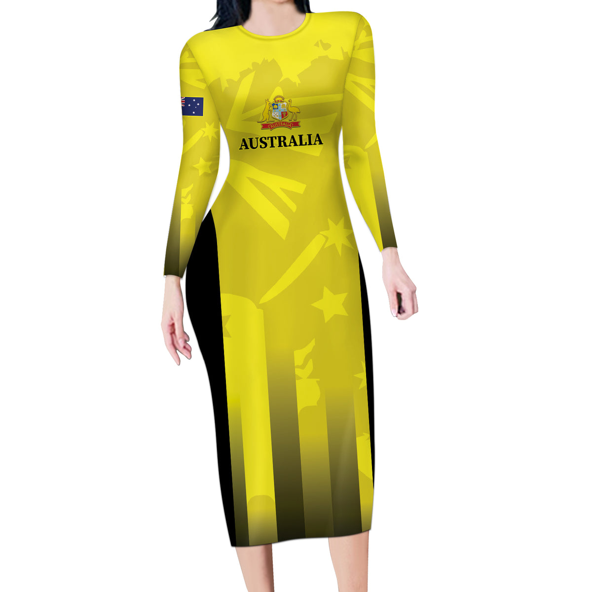 Custom Australia Cricket Long Sleeve Bodycon Dress 2024 World Cup Go Aussie - Gold Version