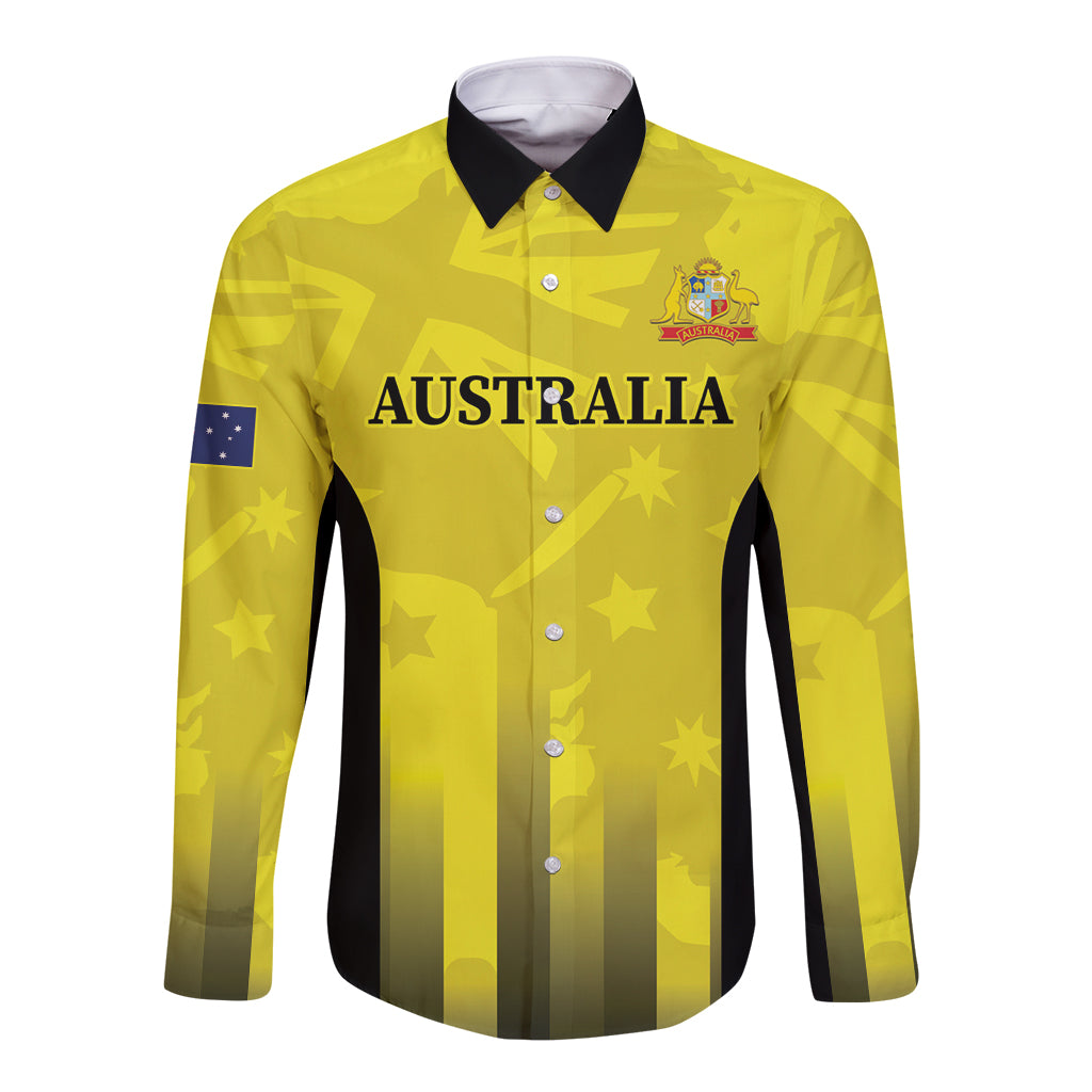 Custom Australia Cricket Long Sleeve Button Shirt 2024 World Cup Go Aussie - Gold Version