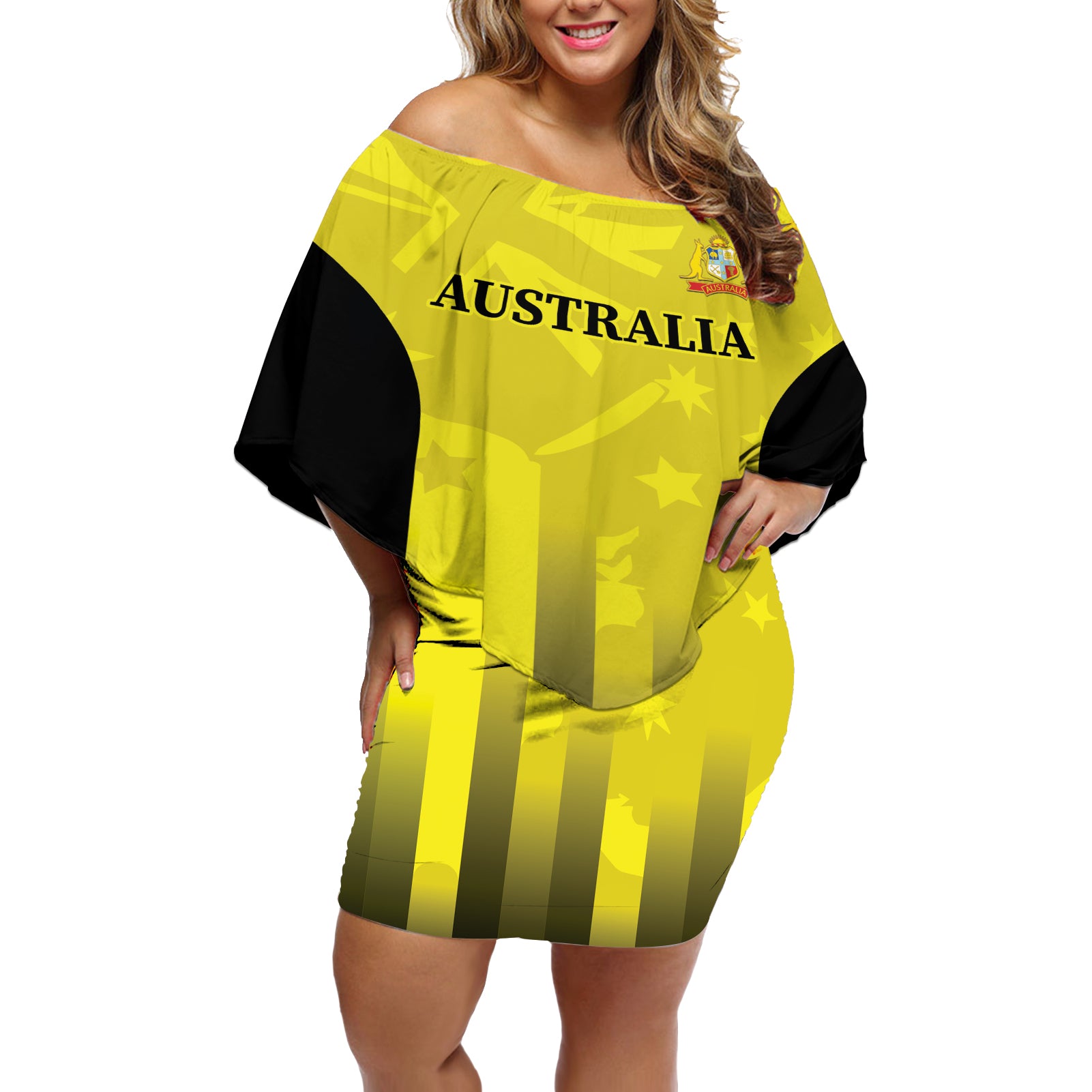 Custom Australia Cricket Off Shoulder Short Dress 2024 World Cup Go Aussie - Gold Version
