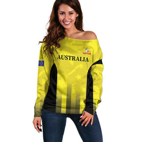 Custom Australia Cricket Off Shoulder Sweater 2024 World Cup Go Aussie - Gold Version