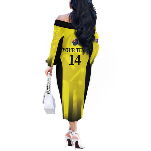 Custom Australia Cricket Off The Shoulder Long Sleeve Dress 2024 World Cup Go Aussie - Gold Version