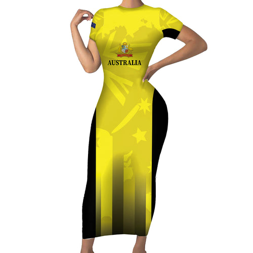 Custom Australia Cricket Short Sleeve Bodycon Dress 2024 World Cup Go Aussie - Gold Version