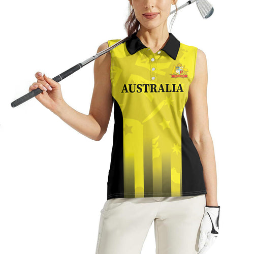 Custom Australia Cricket Women Sleeveless Polo Shirt 2024 World Cup Go Aussie - Gold Version