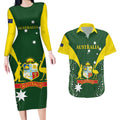 Custom Australia Cricket Couples Matching Long Sleeve Bodycon Dress and Hawaiian Shirt 2024 World Cup Go Aussie - Green Version