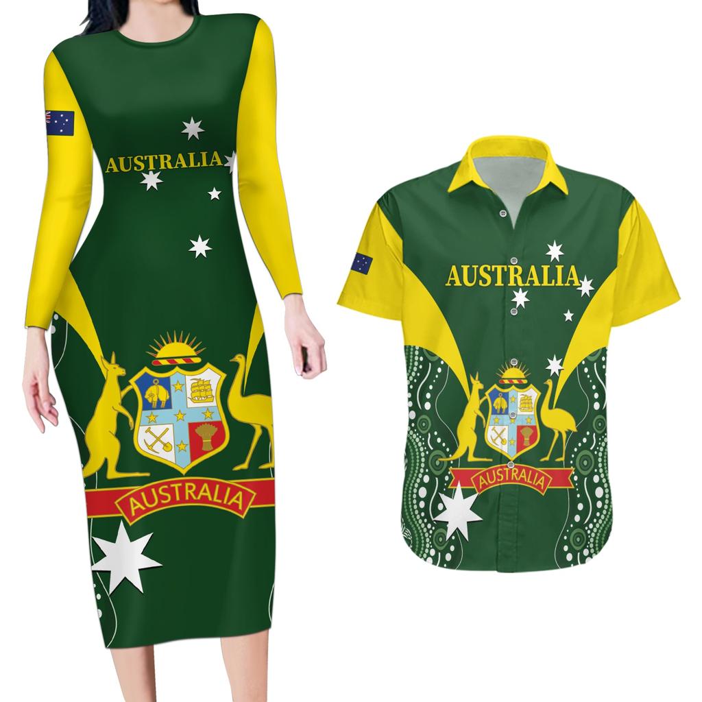 Custom Australia Cricket Couples Matching Long Sleeve Bodycon Dress and Hawaiian Shirt 2024 World Cup Go Aussie - Green Version