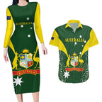 Custom Australia Cricket Couples Matching Long Sleeve Bodycon Dress and Hawaiian Shirt 2024 World Cup Go Aussie - Green Version