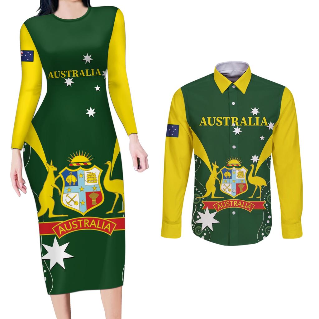 Custom Australia Cricket Couples Matching Long Sleeve Bodycon Dress and Long Sleeve Button Shirt 2024 World Cup Go Aussie - Green Version