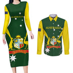 Custom Australia Cricket Couples Matching Long Sleeve Bodycon Dress and Long Sleeve Button Shirt 2024 World Cup Go Aussie - Green Version
