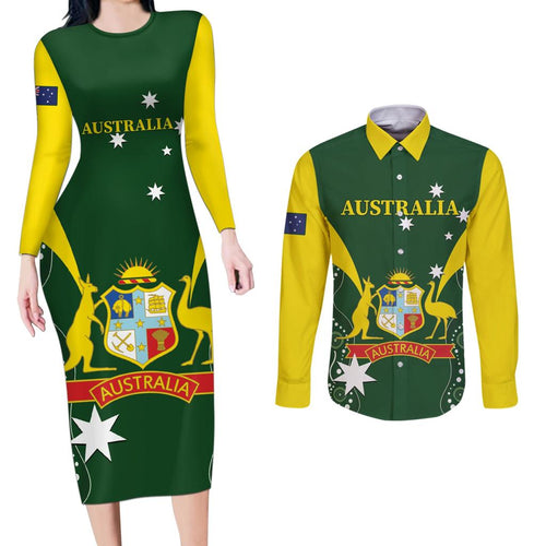 Custom Australia Cricket Couples Matching Long Sleeve Bodycon Dress and Long Sleeve Button Shirt 2024 World Cup Go Aussie - Green Version