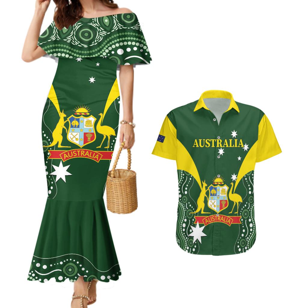 Custom Australia Cricket Couples Matching Mermaid Dress and Hawaiian Shirt 2024 World Cup Go Aussie - Green Version