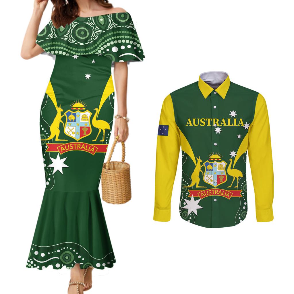 Custom Australia Cricket Couples Matching Mermaid Dress and Long Sleeve Button Shirt 2024 World Cup Go Aussie - Green Version