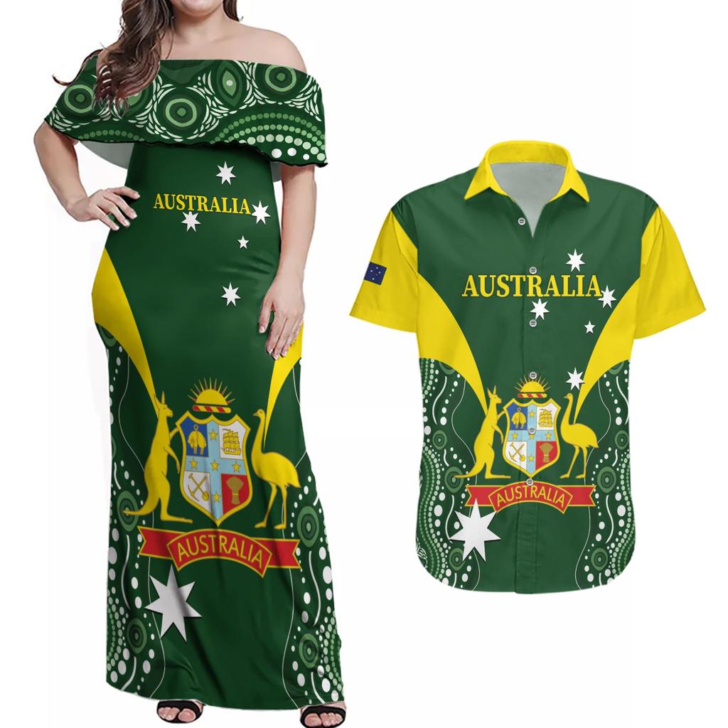 Custom Australia Cricket Couples Matching Off Shoulder Maxi Dress and Hawaiian Shirt 2024 World Cup Go Aussie - Green Version