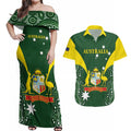 Custom Australia Cricket Couples Matching Off Shoulder Maxi Dress and Hawaiian Shirt 2024 World Cup Go Aussie - Green Version