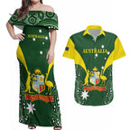 Custom Australia Cricket Couples Matching Off Shoulder Maxi Dress and Hawaiian Shirt 2024 World Cup Go Aussie - Green Version