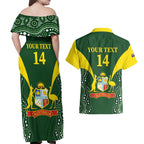 Custom Australia Cricket Couples Matching Off Shoulder Maxi Dress and Hawaiian Shirt 2024 World Cup Go Aussie - Green Version