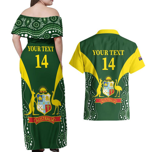 Custom Australia Cricket Couples Matching Off Shoulder Maxi Dress and Hawaiian Shirt 2024 World Cup Go Aussie - Green Version