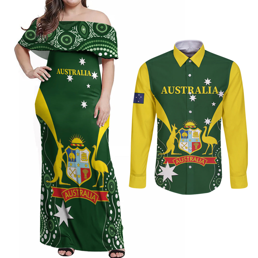 Custom Australia Cricket Couples Matching Off Shoulder Maxi Dress and Long Sleeve Button Shirt 2024 World Cup Go Aussie - Green Version