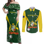 Custom Australia Cricket Couples Matching Off Shoulder Maxi Dress and Long Sleeve Button Shirt 2024 World Cup Go Aussie - Green Version
