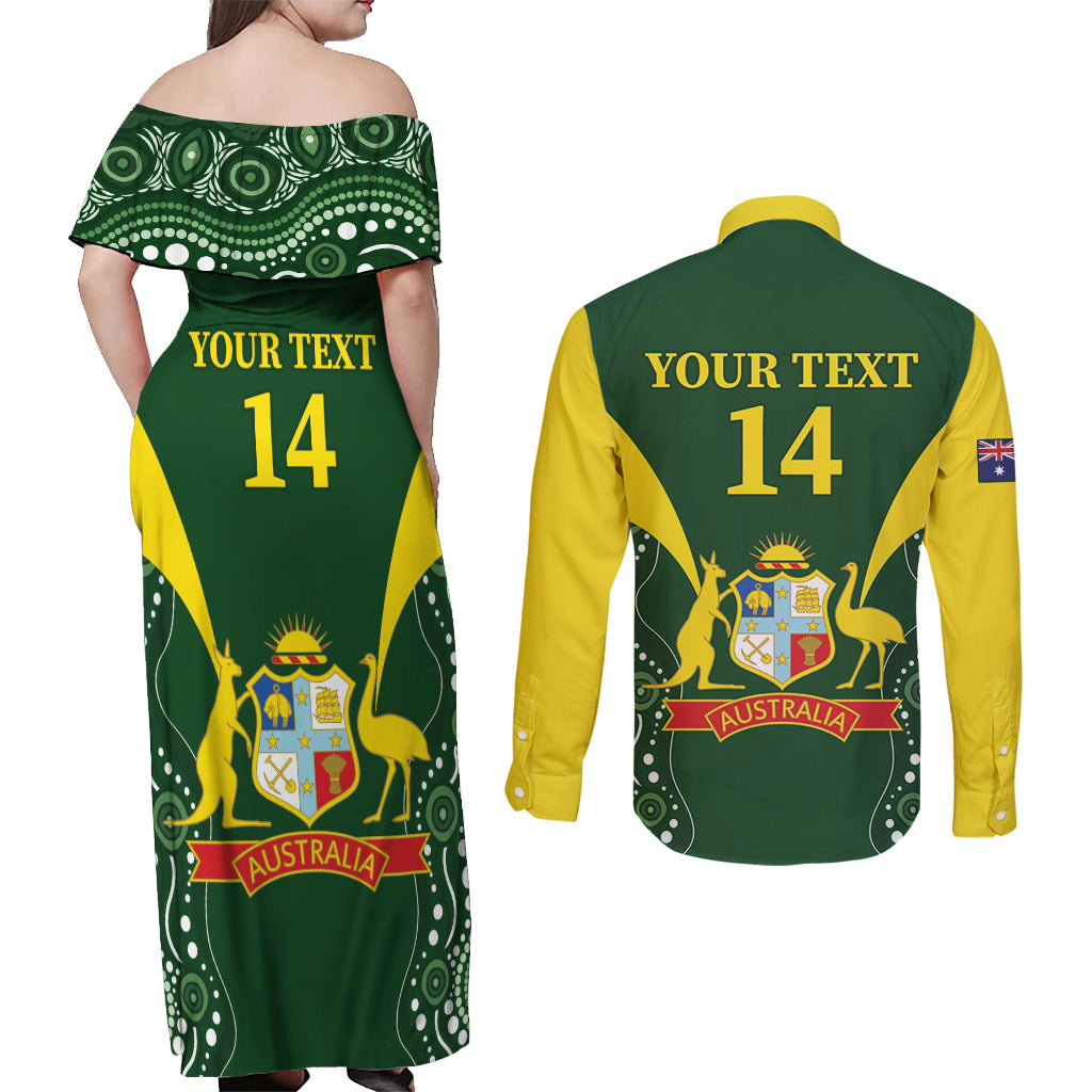 Custom Australia Cricket Couples Matching Off Shoulder Maxi Dress and Long Sleeve Button Shirt 2024 World Cup Go Aussie - Green Version