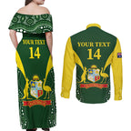Custom Australia Cricket Couples Matching Off Shoulder Maxi Dress and Long Sleeve Button Shirt 2024 World Cup Go Aussie - Green Version