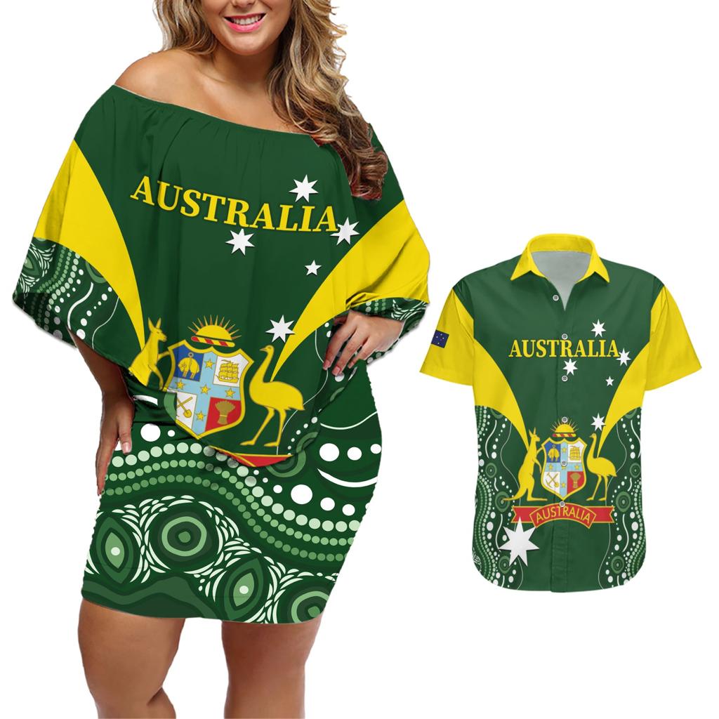 Custom Australia Cricket Couples Matching Off Shoulder Short Dress and Hawaiian Shirt 2024 World Cup Go Aussie - Green Version