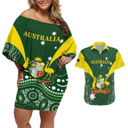 Custom Australia Cricket Couples Matching Off Shoulder Short Dress and Hawaiian Shirt 2024 World Cup Go Aussie - Green Version