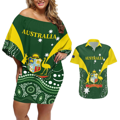 Custom Australia Cricket Couples Matching Off Shoulder Short Dress and Hawaiian Shirt 2024 World Cup Go Aussie - Green Version