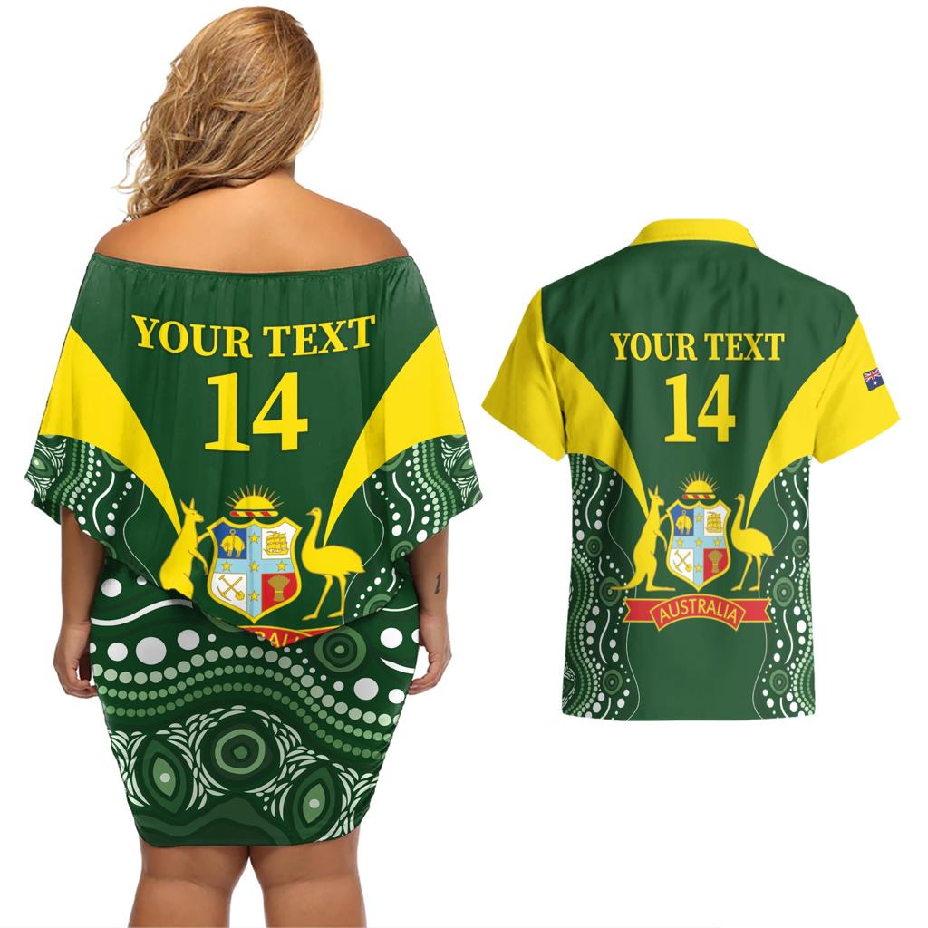 Custom Australia Cricket Couples Matching Off Shoulder Short Dress and Hawaiian Shirt 2024 World Cup Go Aussie - Green Version